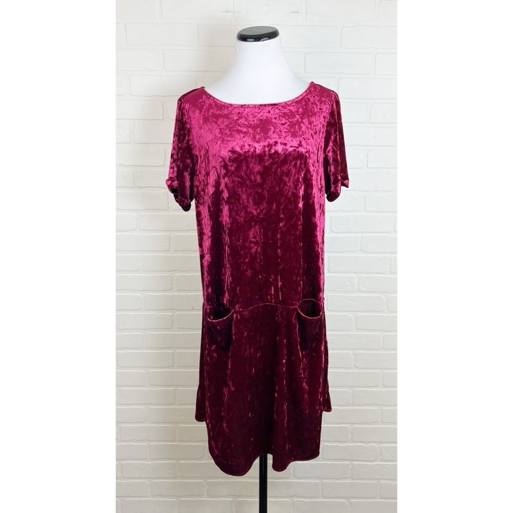 Cupio Velvet Dress With Front Pockets Shirt Sleeve Stretchy Burgundy Size XL